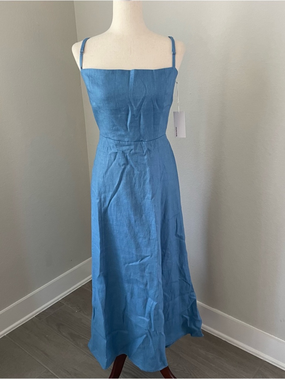 Reformation Linen Midi Dress Sleeveless Tie Back Summer Dress Dusty Blue Size 12